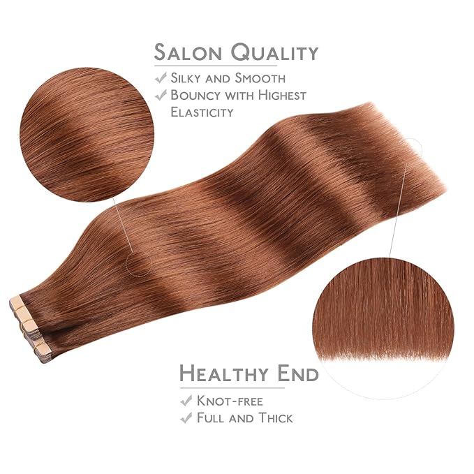 WENNALIFE Tape in Hair Extensions Human Hair, 40pcs 100g 20 inch Dark Auburn Copper Hair Extensions Real Human Hair Straight Tape in Extensions Invisible Human Hair Extensions Reusable Real Hair Exten