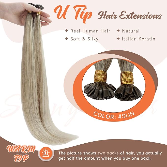 Sunny Hair U Tip Hair Extensions Human Hair Fit Any Scene Keratin Hair Extensions Human Hair Ombre Ash Blonde Balayage Platinum Blonde Ktip Human Hair Extensions 16inch 50g