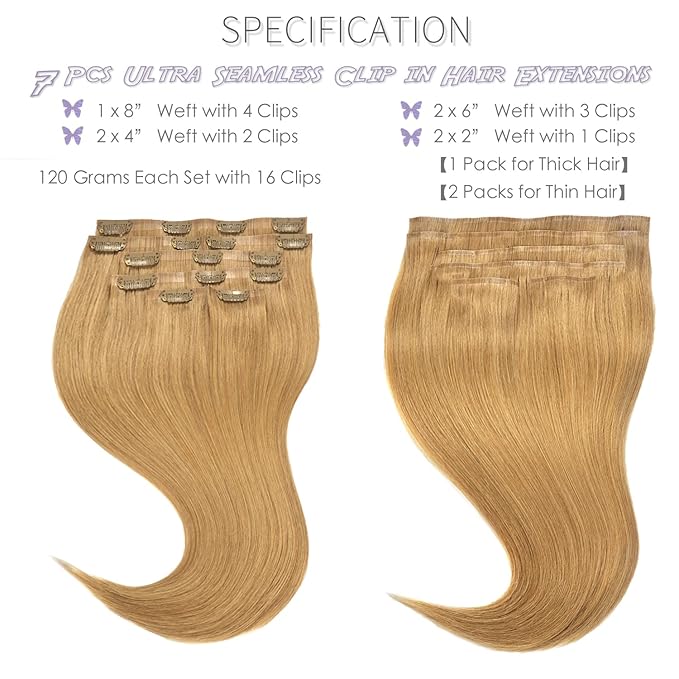 Lacer Hair 20 Inch Glam Seamless Hair Extensions Clip in Human Hair with Invisible Thin PU Skin Weft Remy Natural Hair Extensions #27 Caramel Blonde Full Head 7 Pieces 110 Grams with 16 Clips