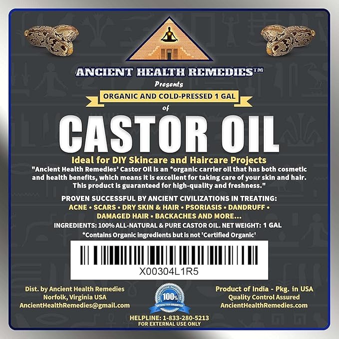 ANCIENT HEALTH REMEDIES Organic Unrefined Cold Pressed PURE CASTOR CARRIER OIL Bulk Wholesale Beauty, Hair Growth Moisturizing DIY Oil For Body Butter Skin Products & Skin Softening(INDIA) (1 gallon)