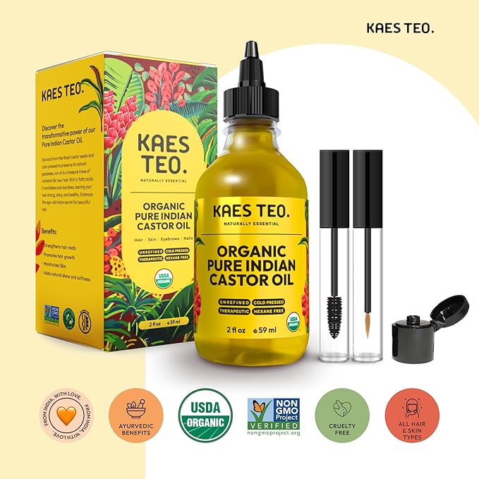Organic Castor Oil 100% Pure Cold Pressed 2 Fl Oz Extra Virgin Unrefined Hexane Free - USDA Certified Organic, Golden Castor oil for Face, Skin, Hair, Eyebrows - Boost Hair Growth