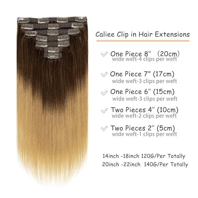 Caliee Clip in Hair Extensions Human Hair T3-12 Darker Brown Fading to Light Golden Brown Balayage Hair Extensions for Full Head 22Inch Seamless Silky Straight Real Hair Clip in Extensions 7 PCS 140G