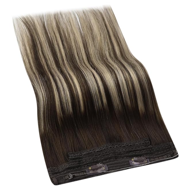YoungSee Wire Hair Extensions Human Hair Balayage Brown Wire Extensions with Adjustable Clips Ombre Dark Brown with Ash Blonde Thickness Human Hair Extensions Blend Natural Looking 16Inch 80G