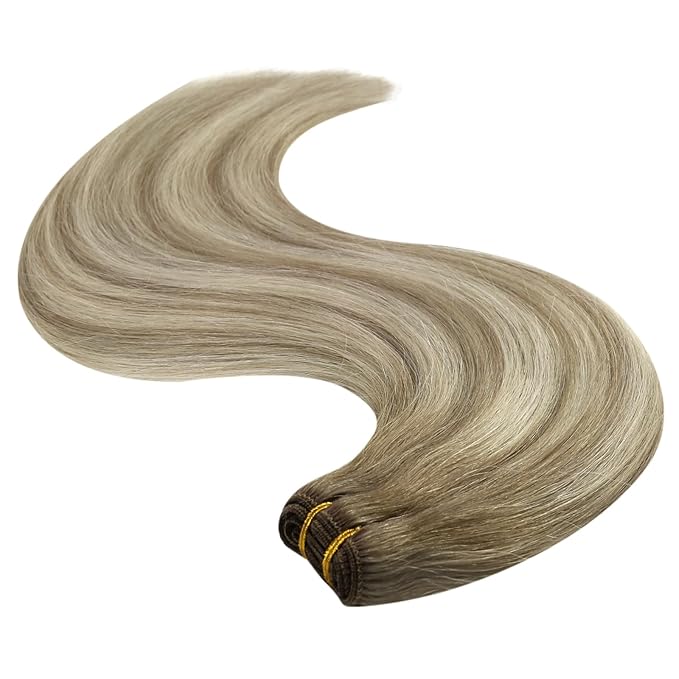 YoungSee Sew in Hair Extensions Balayage Brown Weft Hair Extensions Human Hair Medium Brown Fading to Brown Mix Platinum Soft Sew in Hair Extensions Real Human Hair Hair Loss Coverage 100G 16Inch