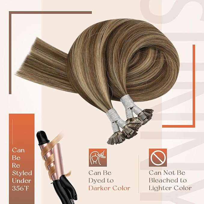 Sunny Hair Flat Tip Keratin Hair Extensions Brown Mix Caramel Blonde Keratin Hair Extensions 24inch Ktips Extensions Human Hair for Party 50g
