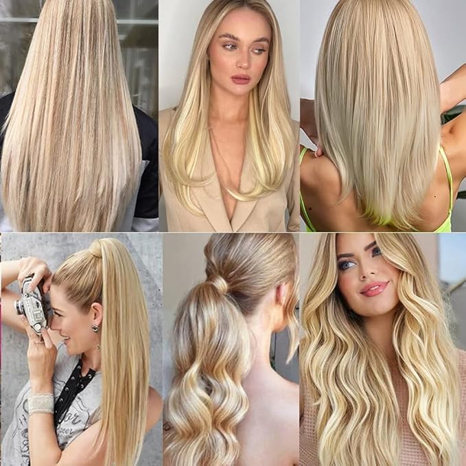 Tape In Hair Extensions 24 Inch HuxoWax P27/613 Straight Hair Extensions Double Weft Highlight Blonde VirgIn Soft And Silky Remy Hair