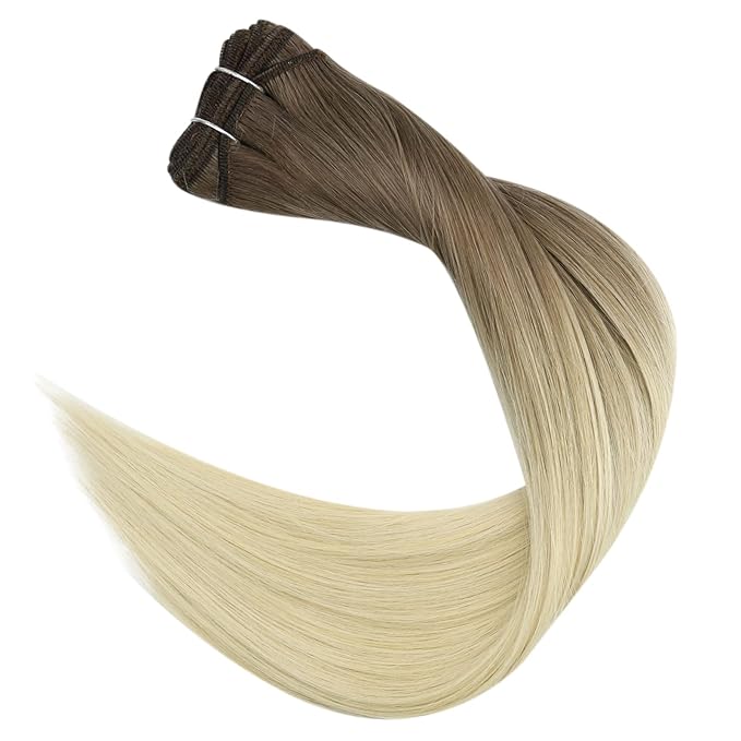 Full Shine Human Hair Weft Extensions Sew In Hair Extensions Real Human Hair Remy Weft Extensions Soft Hair For Women 14 Inch Balayage Brown To Platinum Blonde Hair Bundles 100G
