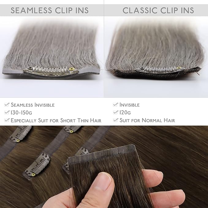 WENNALIFE Seamless Clip In Hair Extensions, 16 Inch 7pcs 130g Ombre Walnut Brown to Ash Brown and Bleach Blonde, Invisible PU Weft Natural Real Human Hair Extensions