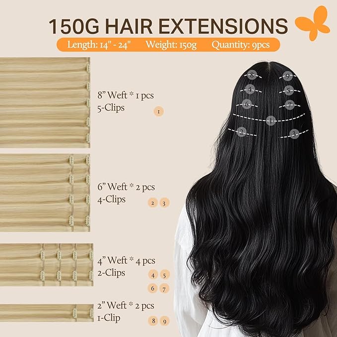 DOORES 18 Inch 9pcs Clip in Human Hair Extensions, Real Human Hair, Dirty Blonde Highlight Golden Blonde, Super Thick 150g, Wavy