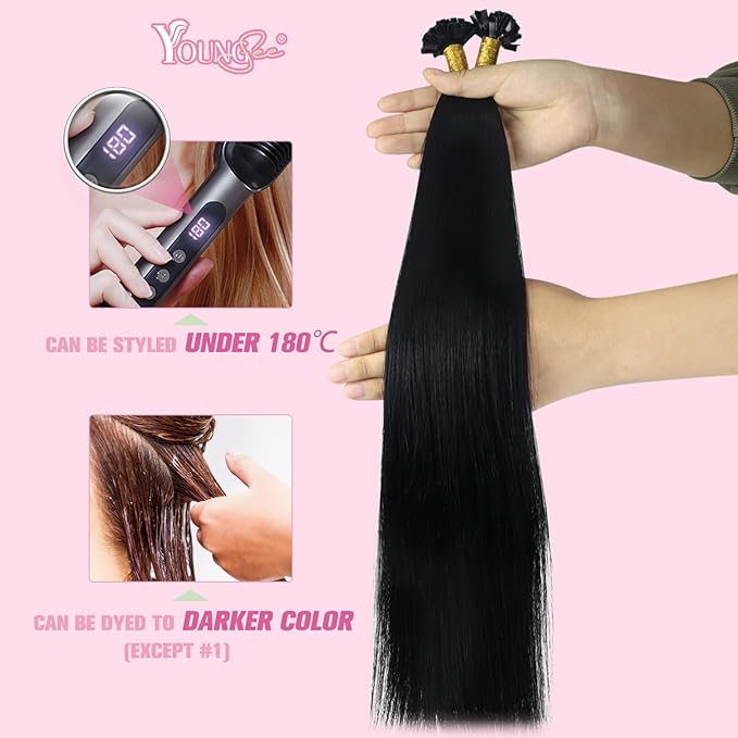 YoungSee Ktip Human Hair Extensions Jet Black 24inch Remy Hair Extensions K Tip Jet Black Keratin Human Hair Extensions Black Soft and Silky K Tip Extensions Long Straight Hair 50s/50g