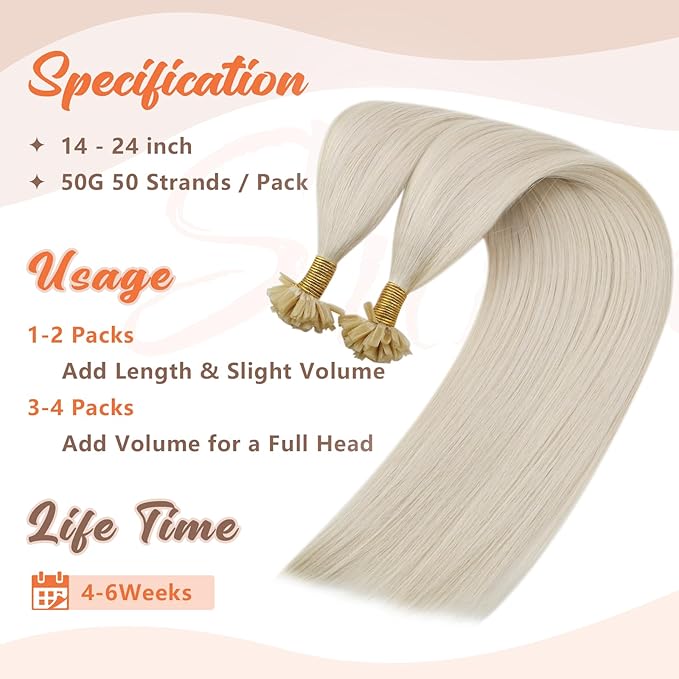 Sunny Hair White Color U tip Hair Extensions Human Hair 24inch U Tip Hair Extensions Human Hair Platinum Blonde Ktips Human Hair Extensions Add Hair Length 50g