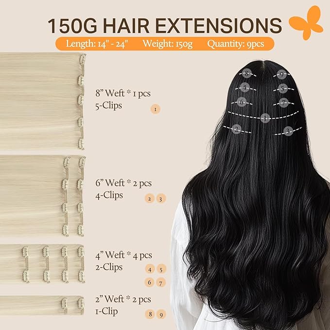 DOORES Human Hair Extensions Platinum Blonde 150g 9pcs 16 Inch Remy Clip in Hair Extensions for Women - Real Hair Extensions Natural Thick Hair