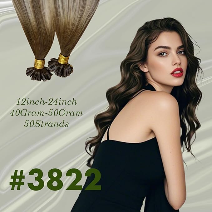RUNATURE 20 Inch U Tip Hair Extensions Human Hair Balayage Walunt Brown Ombre Ash Blonde mix Light Blonde Keratin Hair Extensions Real Human Hair Silky U Tip Human Hair Extensions Straight 50g 50s