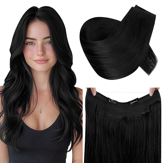 RUNATURE Wire Human Hair Extensions One Piece Clip in Wire Hair Extensions Real Human Hair Invisible Fish Line Extensions Add Hair Volume, 18 Inch 80g #1 Jet Black