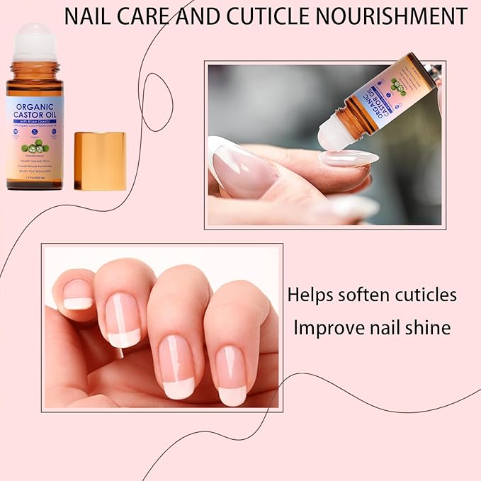 Organic Castor Oil with Rose Quartz Roller, 100% Pure Cold-Pressed, Organic Castor Oil Roll On Rose Quartz, Hexane-Free,Amber Glass Bottle for Skin 1.7oz (2)