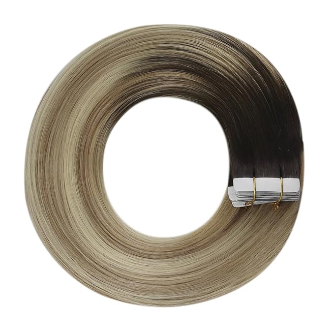 YoungSee Tape in Hair Extensions Real Human Hair Ombre 16In Invisible Tape in Hair Extensions Dark Brown Ombre Blonde with Brown Balayage Tape ins Human Hair Extensions Silky Straight 20pcs 50g
