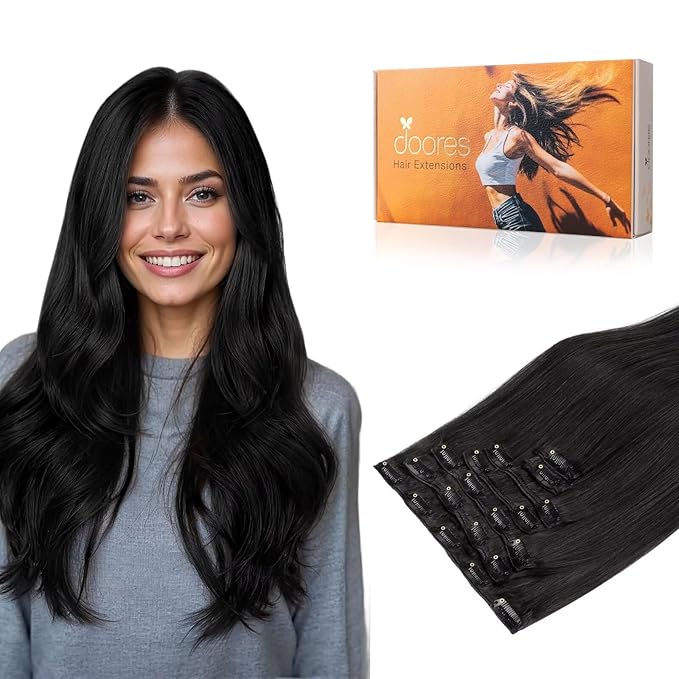 DOORES Hair Extensions Clip in Human Hair, Natural Black 135g 7pcs 16 Inch, Thick Remy Clip in Hair Extensions for Women Straight Weft