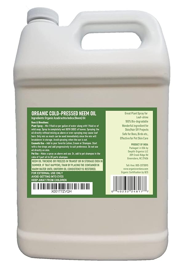 Verdana Pure Neem Oil for Plants – 1 Gallon (128 Fl Oz) – Organic, Cold Pressed, Unrefined, Non-GMO – 100% Natural Spray for Plant Leaf Shine, DIY Beauty, Soap Making – No Additives