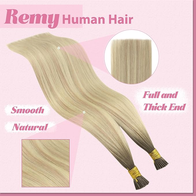 YoungSee I Tips Hair Extensions Ombre 14 Inch I Tip Extensions Ash Blonde Ombre Platinum Blonde Balayage Tip Hair Extensions Real Human Hair for Short Hair 80s 50g Fusion Hair Extension Easy to Apply