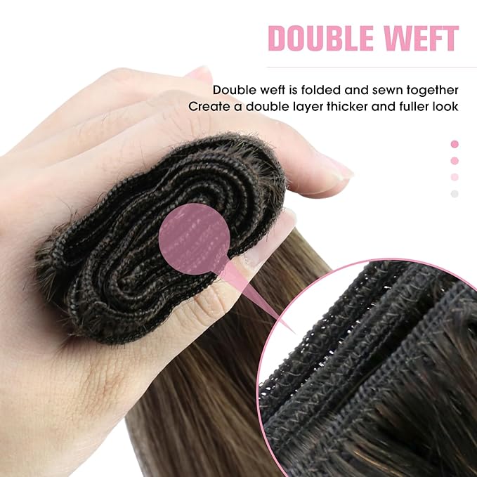 YoungSee Weft Hair Extensions Balayage Sew in Hair Extensions Dark Brown Fading to Caramel Blonde Mix Brown Balayage Silky Smooth Human Hair Weft Extensions for Women 16Inch 100G