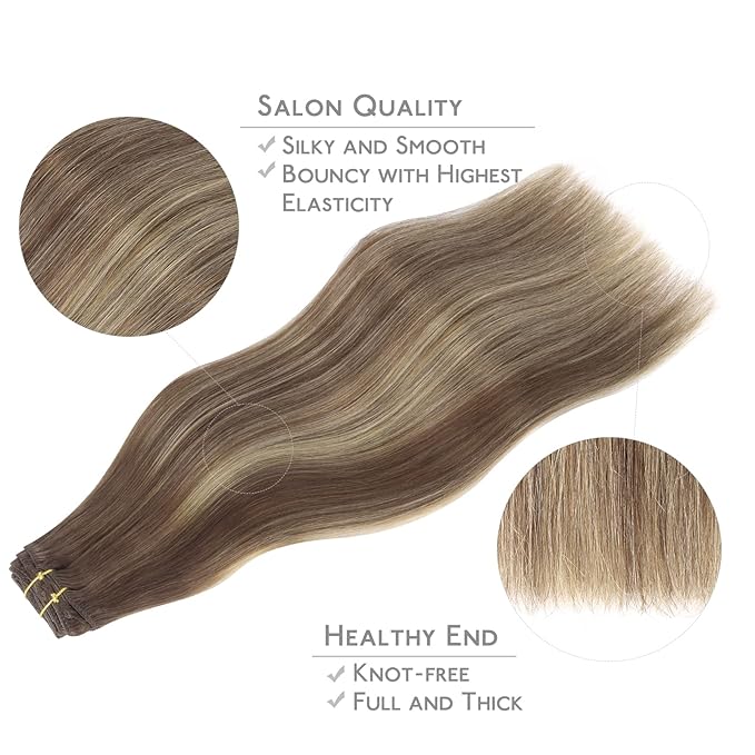 WENNALIFE Clip in Hair Extensions Real Human Hair, 16 Inch 120g 7pcs Balayage Chocolate Brown to Honey Blonde Hair Extensions Clip in Human Hair Remy Clip in Hair Extensions Real Human Hair