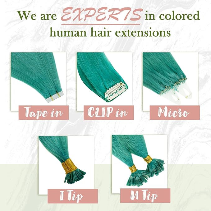 RUNATURE Colored Tape ins Human Hair Extensions Silky 20 Inch Long Tape in Teal Hair Extensions Natural Hair Invisible Glue in Remy Hair Extensions Teal Full Ends 10pcs 25g