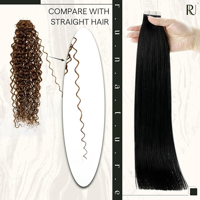 RUNATURE Curly Tape ins Human Hair Extensions Natural Black #1B Tape in Hair Extensions Real Human Hair Full Ends Curly Human Hair Tape in Extensions Silky Glue in Hair Extensions 16 Inch 50g 20pcs