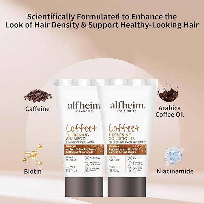 ALFHEIM Caffeine Shampoo and Conditioner Travel Set | Strengthens Hair & Supports Scalp Health | Biotin & Niacinamide for Thicker, Fuller Hair | Sulfate-Free for Oily Scalp & Thinning Hair | 1.18oz*2