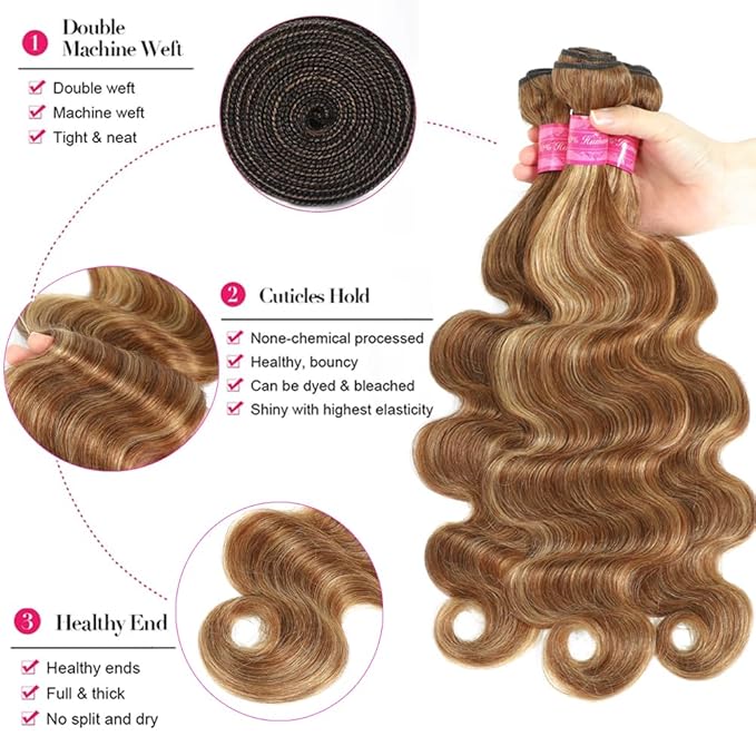 YISEA Ombre P4/27 Body Wave Bundles Human Hair (22 24 26 28 inch) 12A Highlight Dark Brown with Honey Blonde Mix Human Hair Body Wave Bundles Sew-In for Black Women Silky and Soft