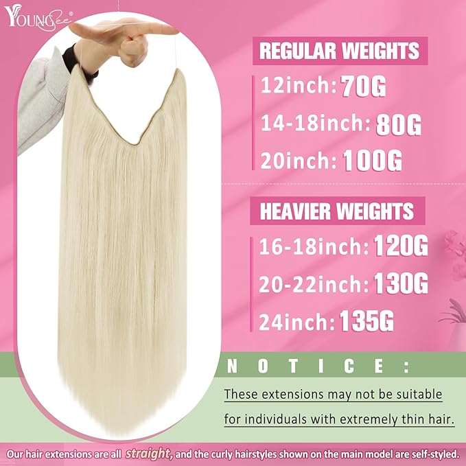 YoungSee Wire Hair Extensions Blonde Invisible Wire Real Hair Extensions Platinum Blonde Straight Wire Real Human Hair Extensions Blonde Hair Extensions Invisible Wire can be Ironed and Dyed 18In 80G