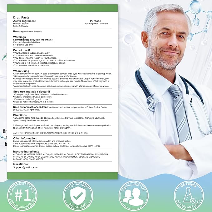 Minoxidil Foam - 5% Minoxidil for Men and Women, Hair and Beard Growth with Biotin, Thicker Hair, Unscented, 3 x 2.11 Oz, 3-Month Supply, Hair Loss Treatment,Green