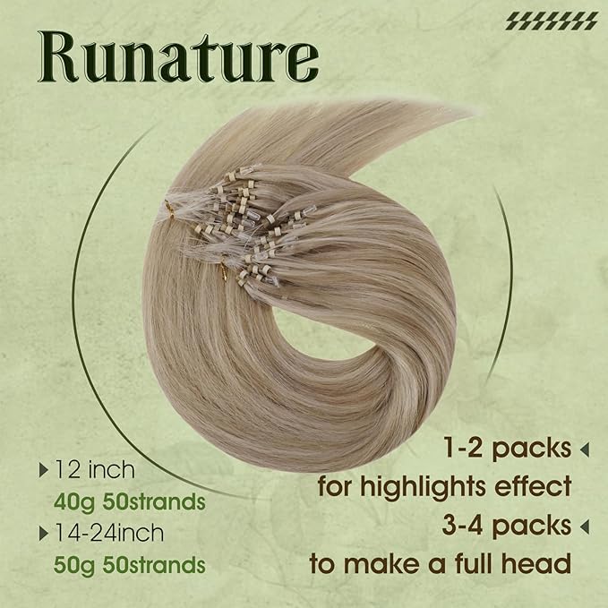 RUNATURE Micro Ring Hair Extensions Blonde Highlight Ash Brown Micro Link Extensions Real Human Hair Blonde Micro Loop Hair Extensions Human Hair 14 Inch 50 Gram