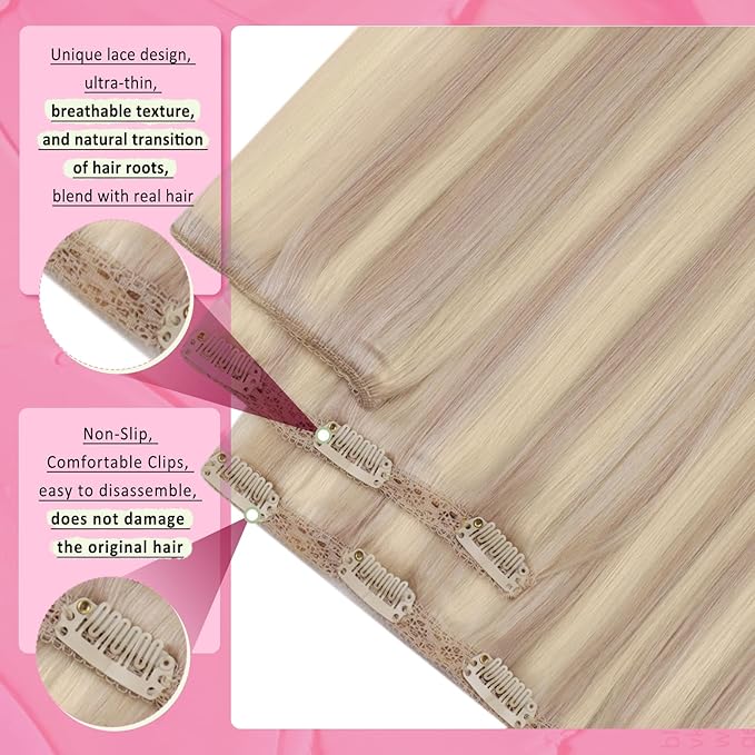 YoungSee Blonde Clip in Hair Extensions 20 inch Blonde Hair Extensions Clip in Highlights #18/613 Blonde Clip in Hair Extensions Human Hair Soft 100G 7Pcs
