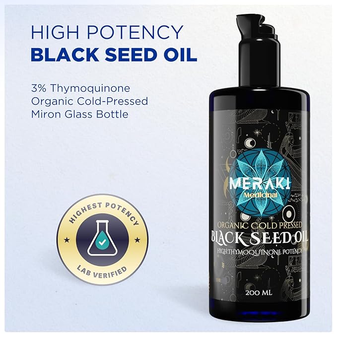 Meraki Medicinal Cold Pressed Organic Black Seed Oil – Nigella Sativa Extract with Thymoquinone in Dark-Tinted Glass Bottle – For Culinary & Topical Use – 200ml