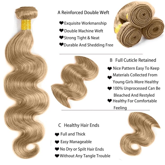 #22 Blonde Bundles Human Hair Body Wave Bundles 12 Inch Human Hair Weave 1 Bundle Unprocessed Brazilian Virgin Hair Ash Blonde Body Wave Human Hair Extensions 50 Grams/Bundle
