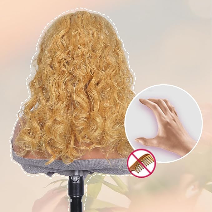 QNQZ 12 inch Honey Blonde Curly Bob Wig Human Hair 9x6 HD Glueless Lace Front Honey Blonde Deep Wave Wear and Go Glueless Wigs Human Hair Pre Plucked Pre Cut 220% Density #27 Colored for Women