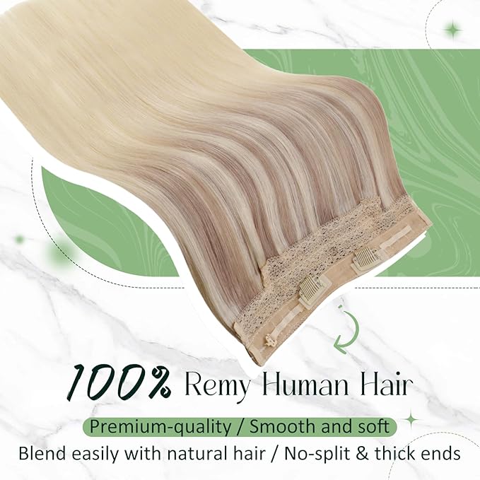 RUNATURE Wire Hair Extensions Real Human Hair, Balayage Invisible Fish Line Extensions, Straight Remy Natural Hair, Add Volume 14 Inch 70g #18/22/60 Ash Blonde to Light Blonde Mix Bleach Blonde