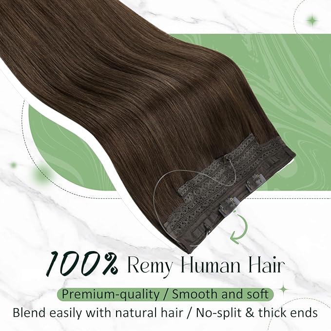 RUNATURE Wire Hair Extensions Real Human Hair, Invisible Fish Line Hair Extensions Straight Brown Hair, Natural Look for Daily Wearing, 20 Inch 100g #2 Dark Brown
