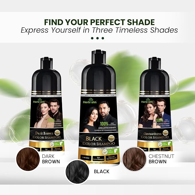 Herbishh Chestnut Brown Shampoo, Hair Dye Shampoo 3 in 1, 100% Grey Coverage, Demi-Permanent Hair Color for Men & Women, Long-lasting Color in 20-25 Mins, Ammonia-free, 200 ml