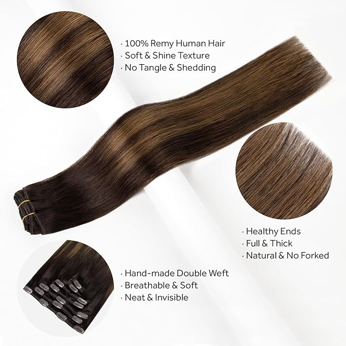Clip in Hair Extensions Real Human Hair, Silky Remy Hair Extensions Clip Ins, Salon Quality Straight Human Hair for Women, Dark Brown to Chestnut Brown #2TP6/2 24Inch 120G 7PCS