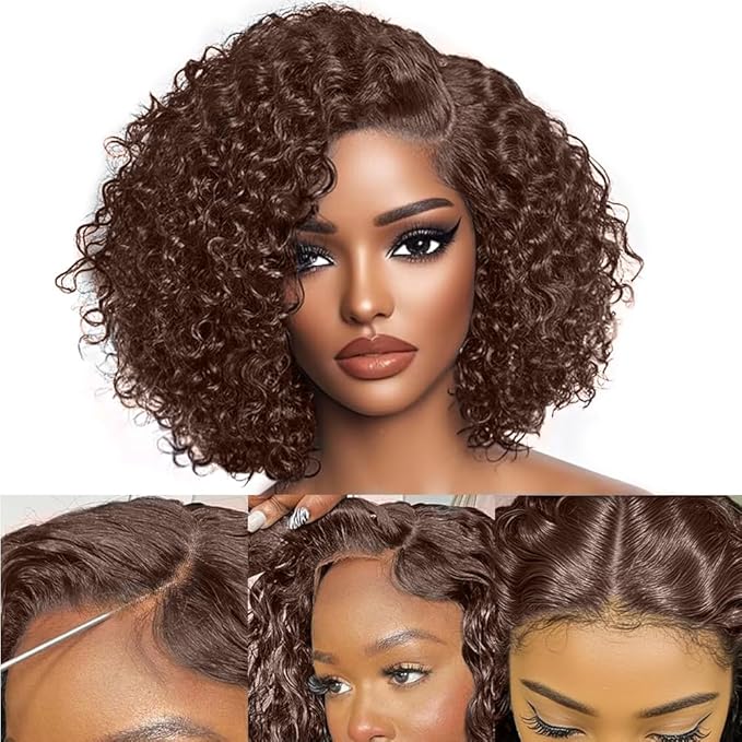 FABA 7x5 Chocolate Brown Curly Wig Human Hair Glueless Wigs Human Hair Pre Plucked Pre Cut 200% Density Brown Deep Wave Wig For Women #4 Short Curly Bob Wigs 10 Inch