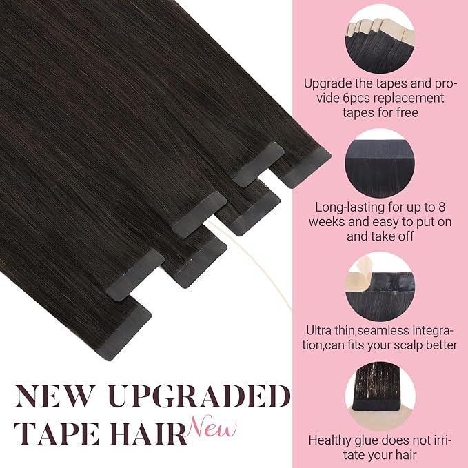MAXITA Tape in Hair Extensions Human Hair Dark Brown 20 Inch 30g 10pcs Remy Human Hair Extensions Straight Seamless Tape in Skin Weft Extensions for Women