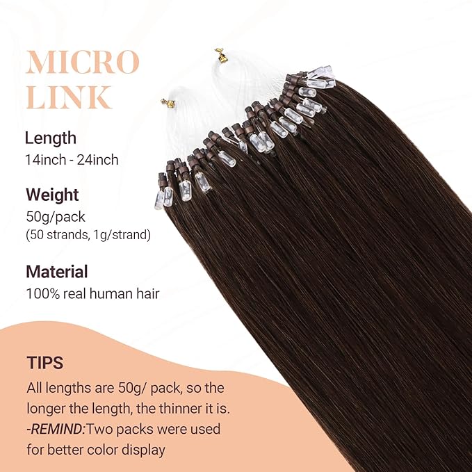 MAXITA Microlink Hair Extensions Human Hair, Chocolate Brown Micro Bead Hair Extensions Virgin Human Hair, 50g/50 Strands/Pack, 22 In