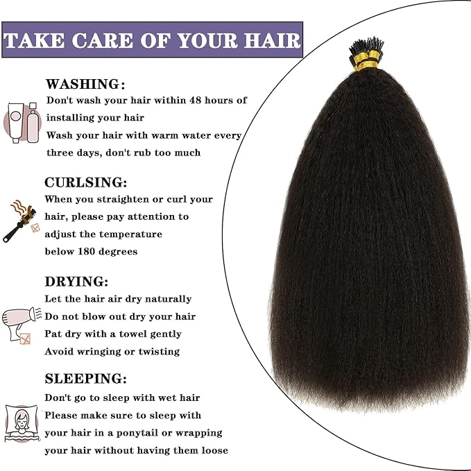 Anrosa Kinky Straight I Tip Hair Extensions 14inch Itip Human Hair Extensions Black 100% Brazilian Hair 50g I Tip Hair Coarse Yaki Microlinks Stick