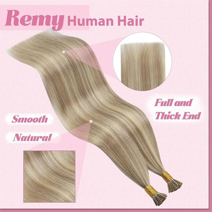 YoungSee I Tip Hair Extensions Blonde Itip Hair Extensions Real Human Hair Blonde Mix Golden Blond Highlight Itip Human Hair Extension Silky Straight 20 Inch 50g 50s
