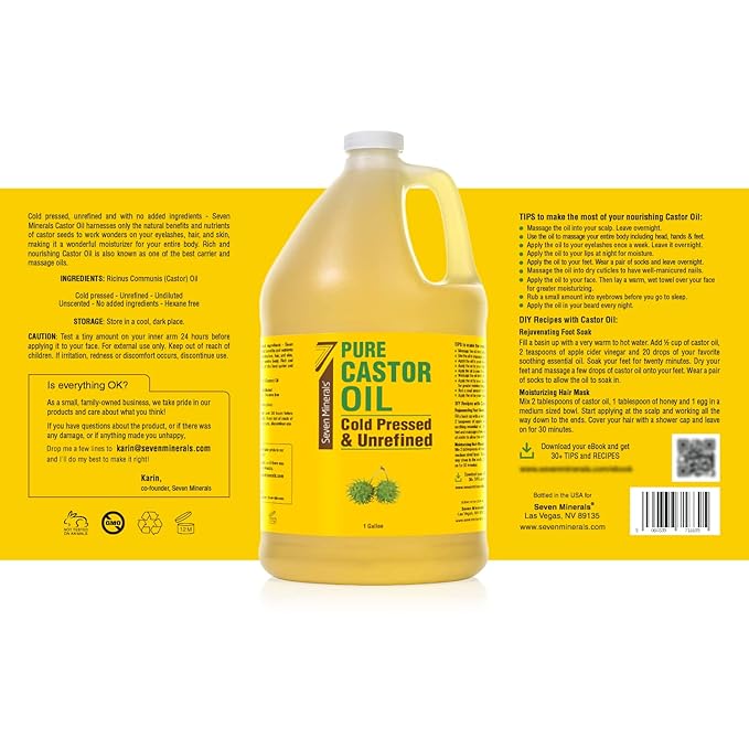 Unrefined Hexane-Free Castor Oil, 128 fl oz - For Hair Growth, Thicker Lashes & Brows, Dry Skin, Joint Pain