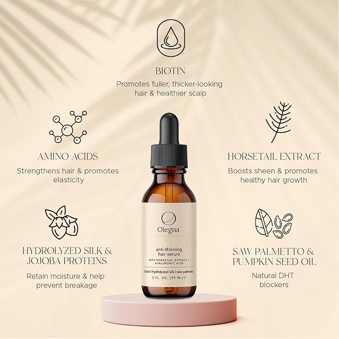 Olegna Biotin Hair Growth Oil for Women - Hair Serum for Frizzy and Damaged Hair - Prevents Hair Loss & Breakage - With Vitamin D & E + Hyaluronic Acid - 2oz