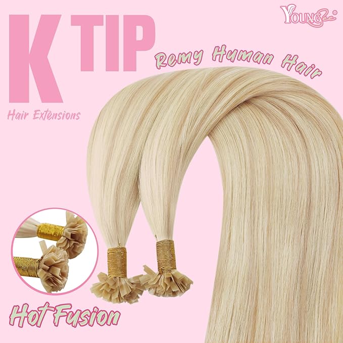 YoungSee Ktip Human Hair Extensions Ash Blonde 20 Inch K Tip Hair Extensions Real Human Hair Keratin Hair Extensions Human Hair Blonde Highlights Keratina Para Extensiones de Cabello 50g #18/613