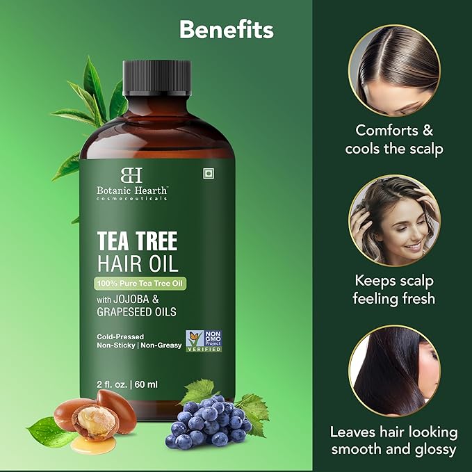 Botanic Hearth Tea Tree Oil For Hair (2 Fl Oz) | With Jojoba & Grapeseed Oils | Soothes Itchy Scalp & Fights Dandruff | Non Gmo Verified - Hair Tonic