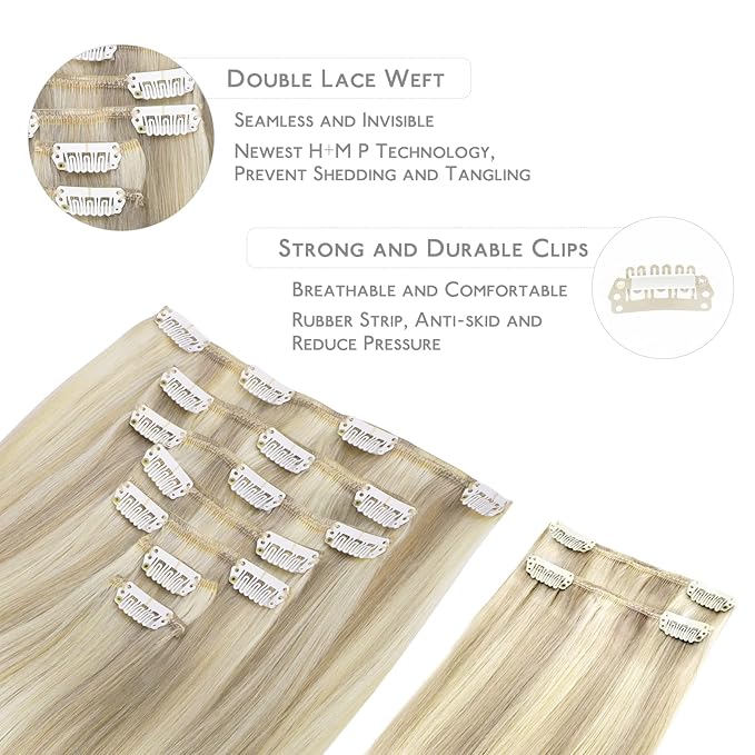 WENNALIFE Hair Extensions Clip In, 9pcs 16inch 150g Ash Blonde Highlighted Platinum Blonde Thicker Clip In Hair Extensions Real Human Hair Remy hair extension Double Weft Clip in Human Hair Extensions